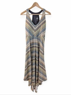 Prana Saxon Dress Striped Racer Back Large Blue Tan